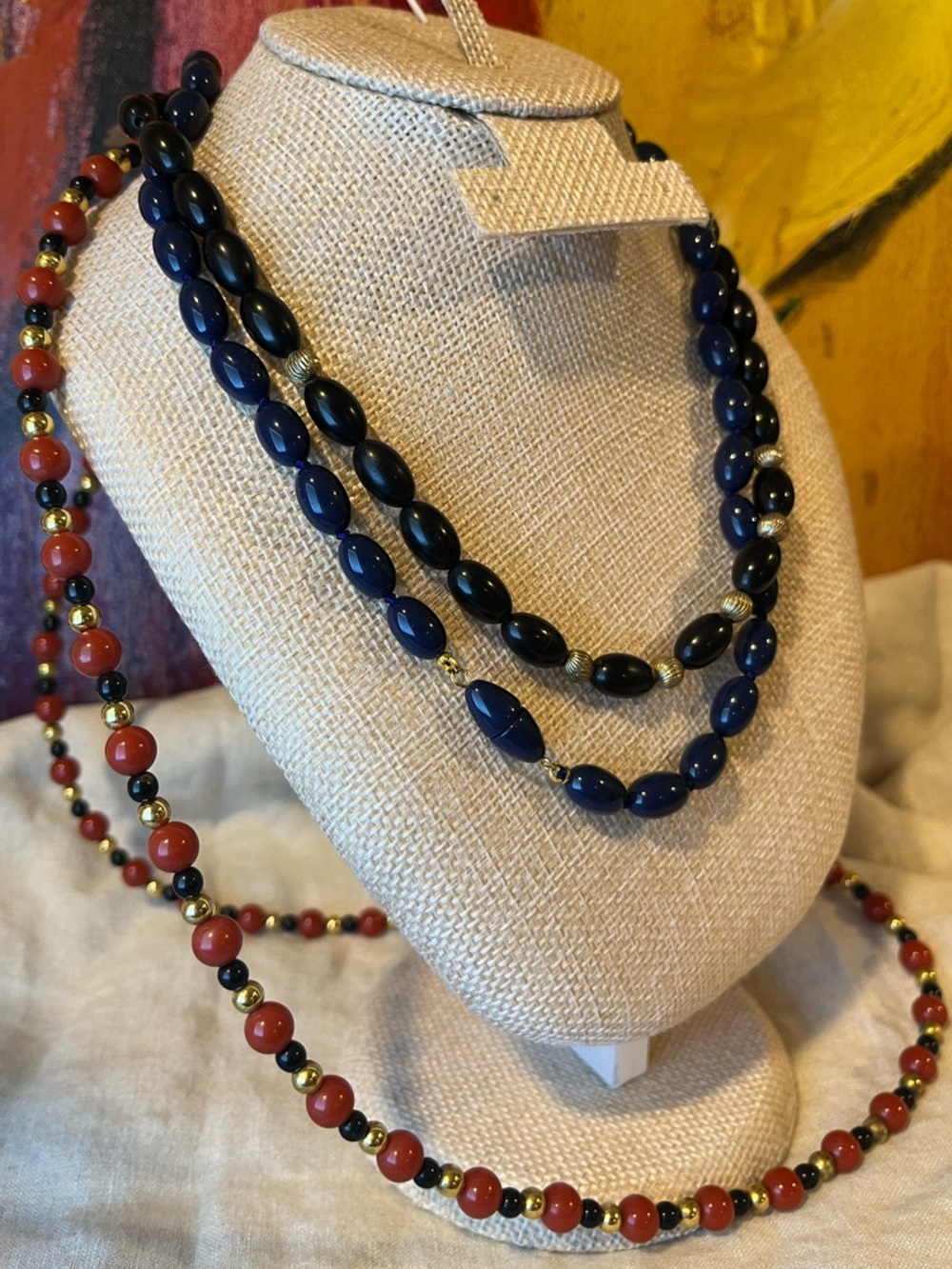 🌈 3/$10 Navy, Black, Gold and Red Beaded Layered Necklace Bundle Lot of 3